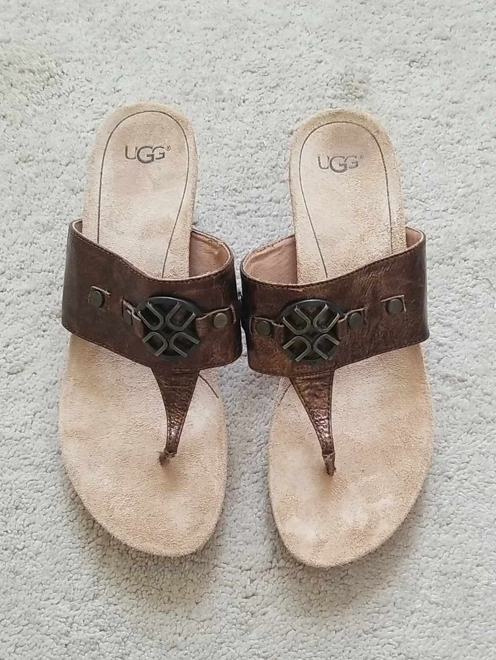 UGG Briella Bronze Leather Cork Wedge Thong Sandals